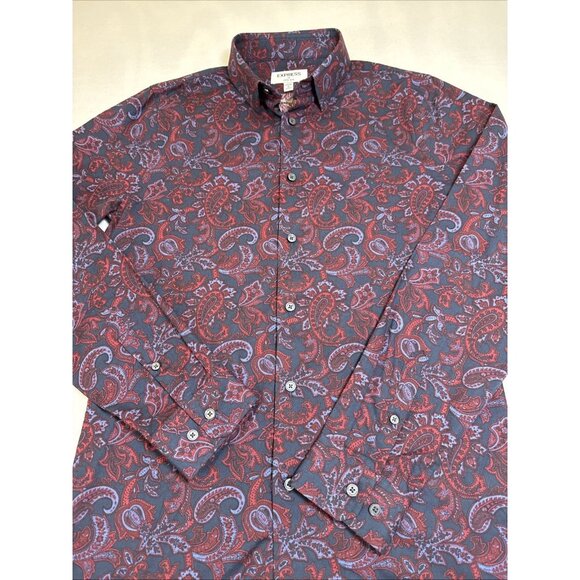 Express Men’s Shirt S Blue Red Floral Extra Slim Button Up Down Long Sleeve - Picture 2 of 9